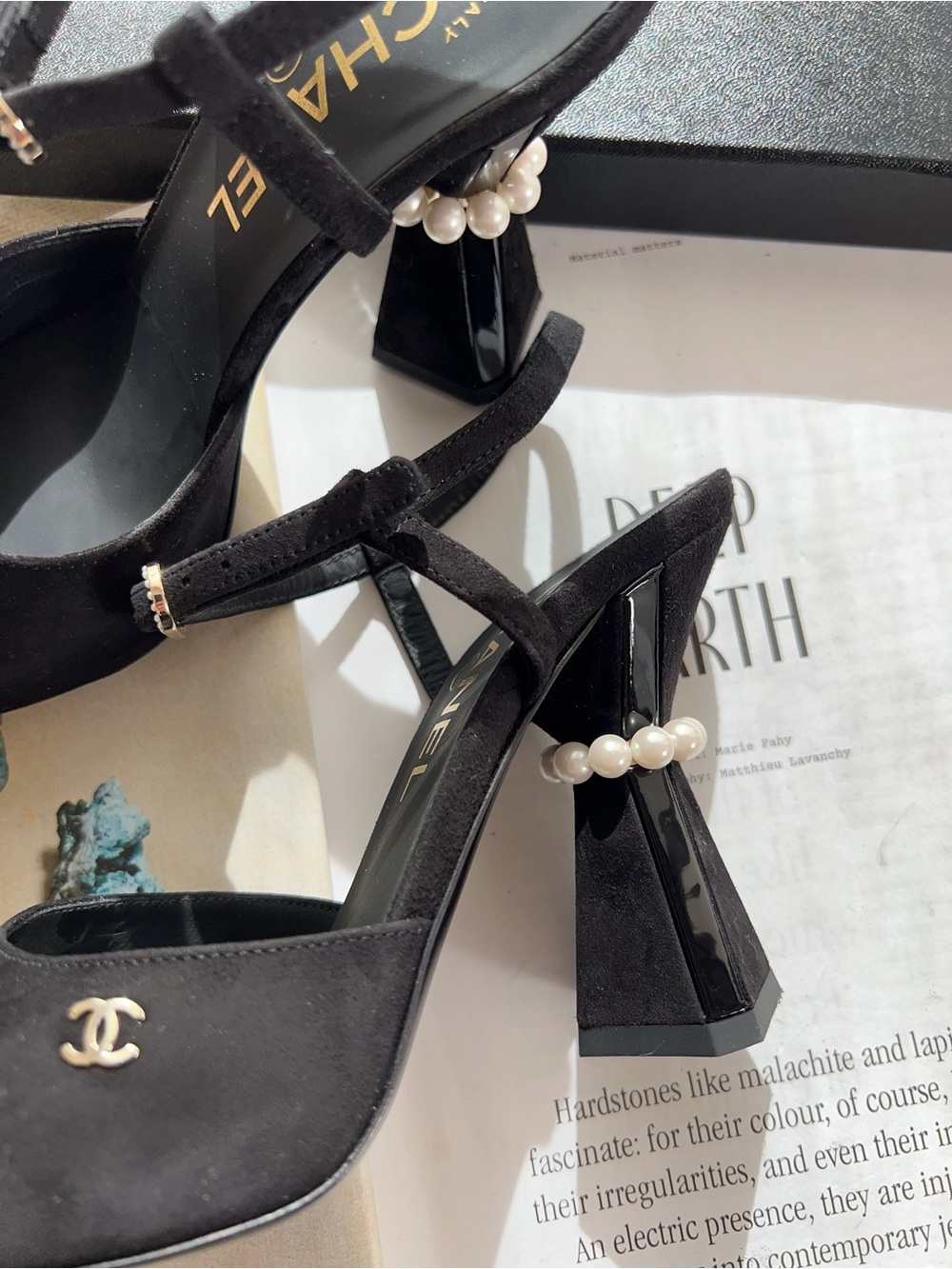 Chanel Black Suede Slingback Heels with Pearl Embellished - Picture 3 of 5